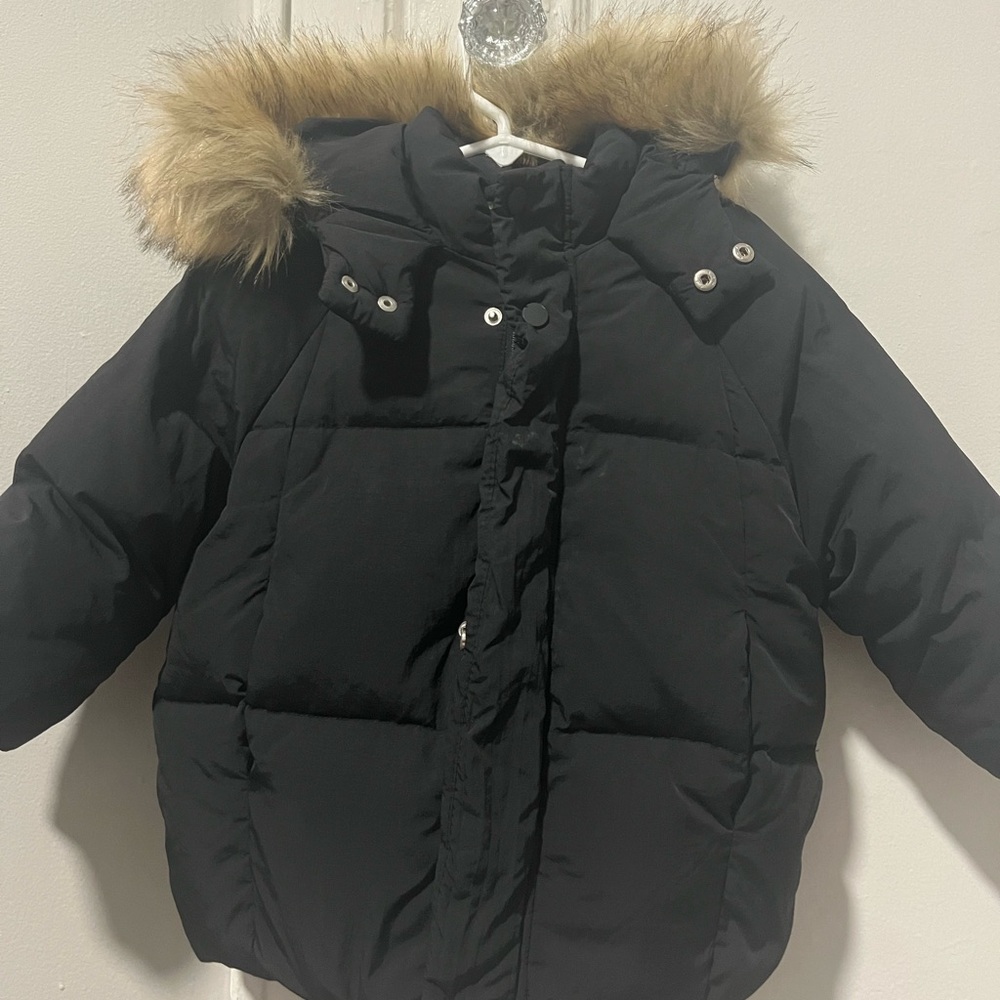 Zara Black Puffer Jacket with Faux Fur Hood